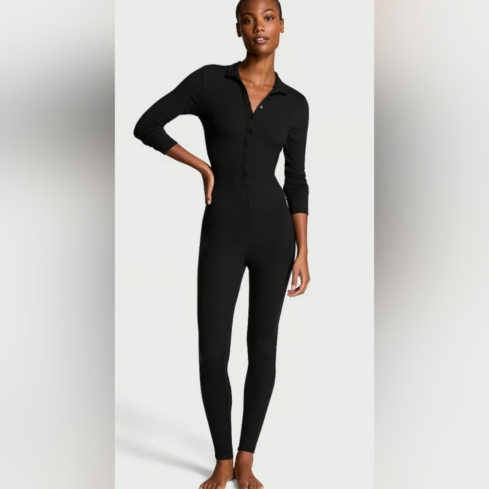 Victoria's Secret Black Button-Up Pajama Jumpsuit Size L